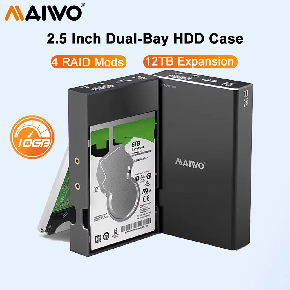 MAIWO Dual Bay Hard Drive Enclosure for 2.5 Inch SATA SSD HDD, USB 3.1 10Gbps with 4 RAID Modes, 16TB, Aluminum External Case