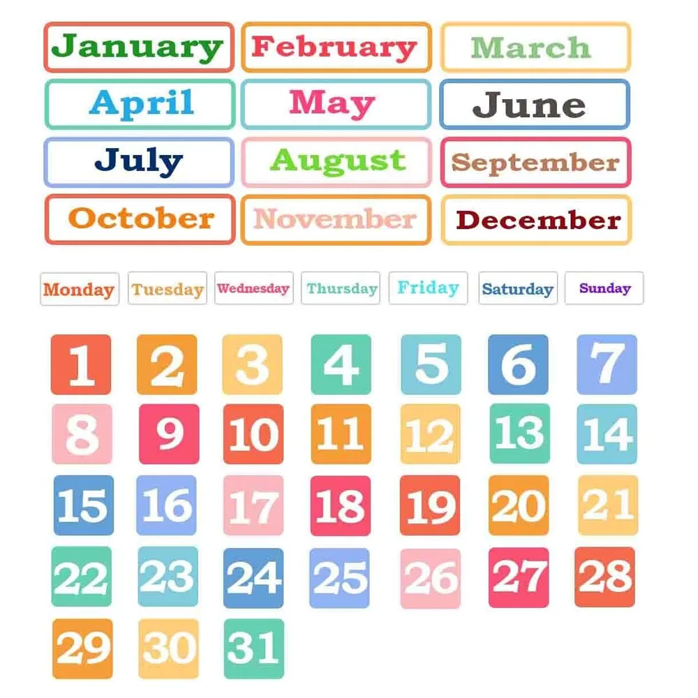 Calendar 1-31 Number Magnets Labels for Whiteboard Refrigerator 50 Pcs Colorful Magnetic Stickers Days of The Week and 12 Months