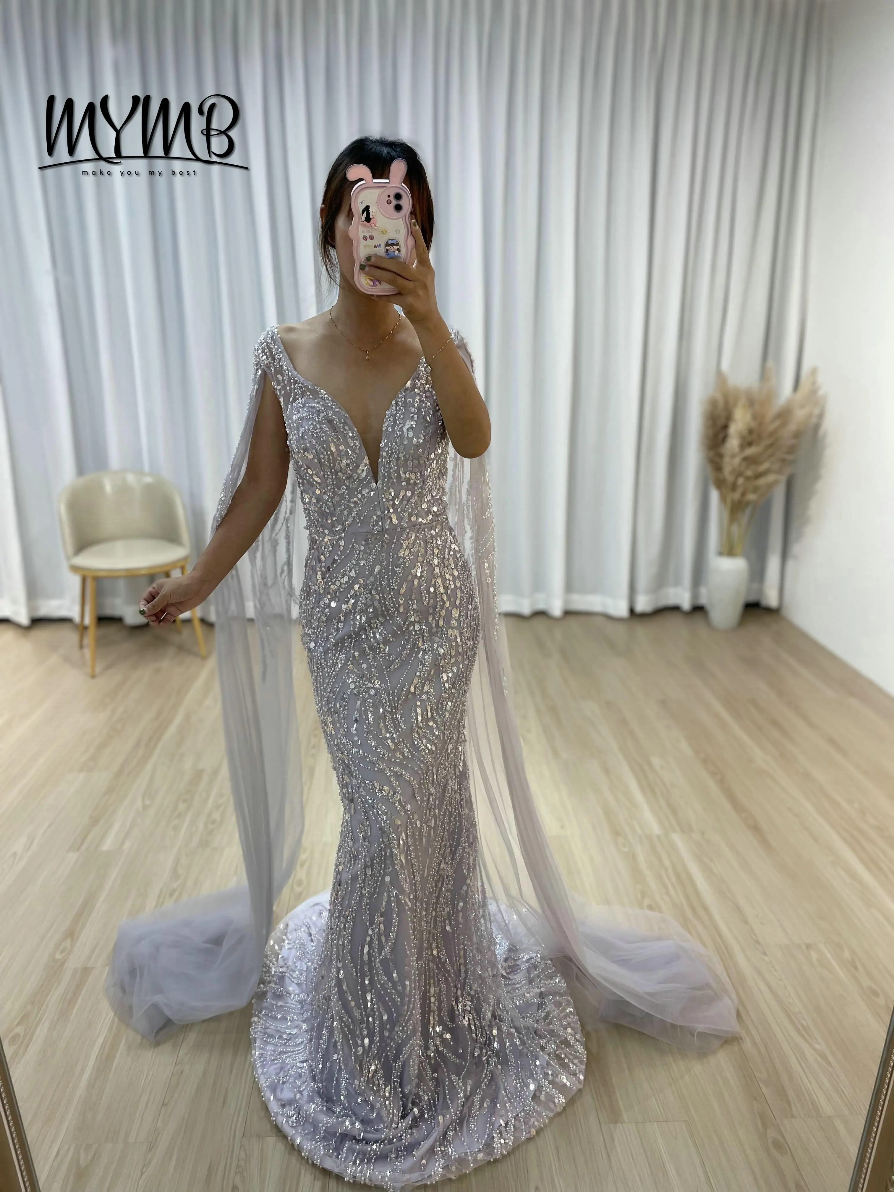 MYMB Abiti da sera con paillettes in rilievo e maniche lunghe a mantella di lusso Abiti da ballo per la madre della sposa per donne eleganti Taglie forti MY30024