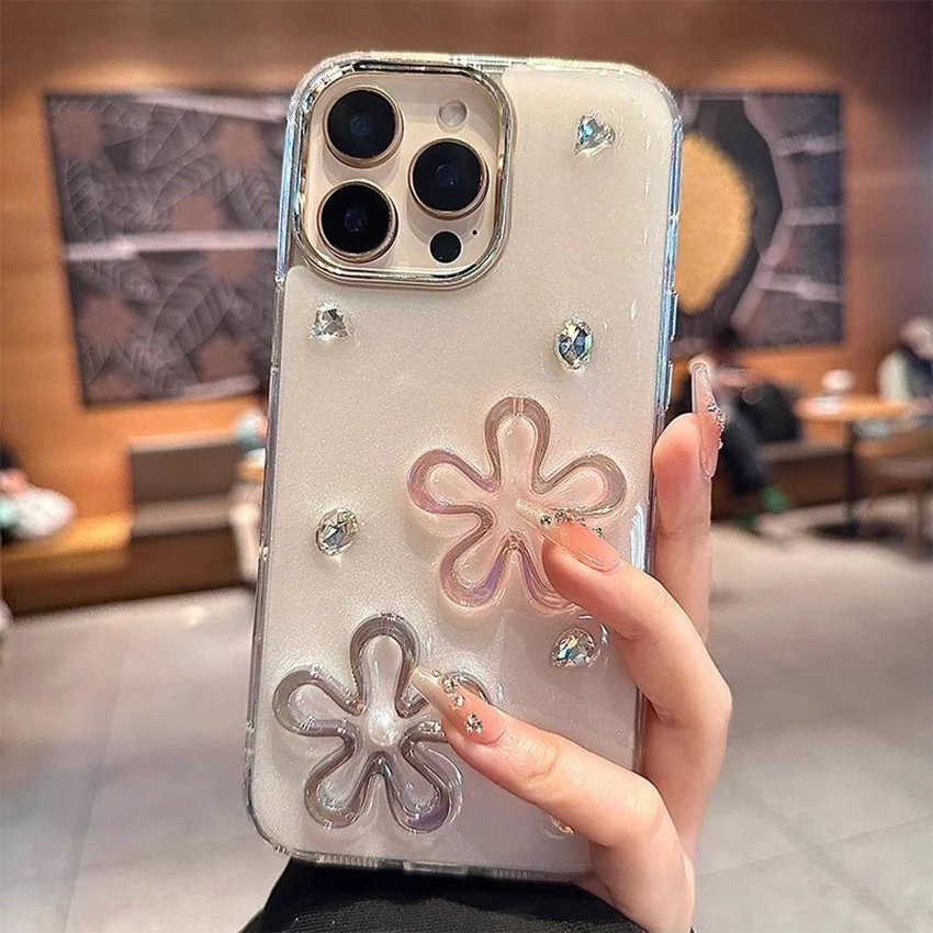 حافظة هاتف مصنوعة يدويًا من الزهور المجوفة لهاتف آيفون 17 16 15 14 13 Pro 12 11 Max 16 Pro Max حافظة هاتف ماسية فلاش غطاء فريد من نوعه