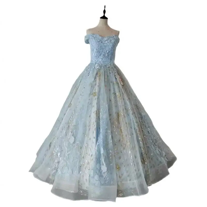 Off Shoulder Light Blue Adult Ceremony Princess Dress Lace Ball Starry Sky Puff Dress Glitter Ball Puff Dress Customized