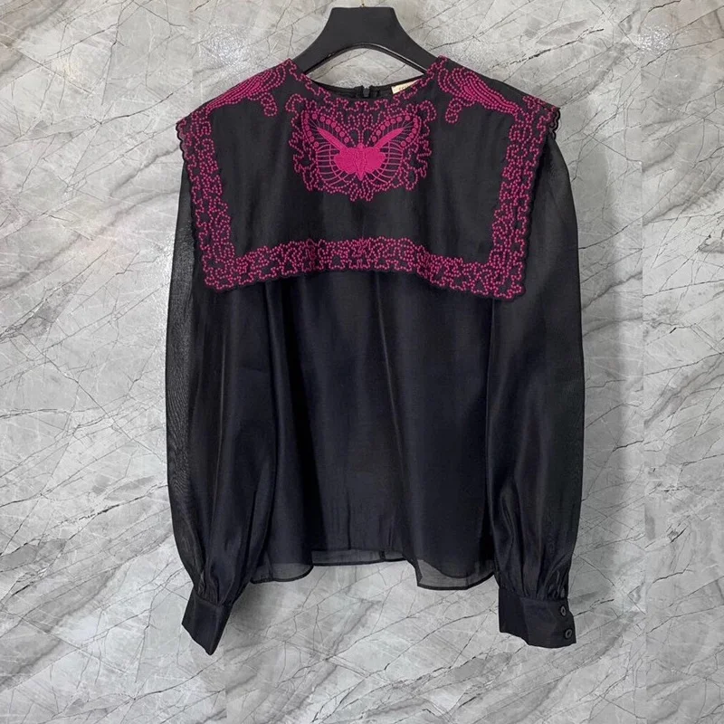 

Blusas Feminino 2024 Spring Summer Fashion Style Blouses Shirt Women Luxurious Embroidery Long Sleeve Beige Black Tops Female