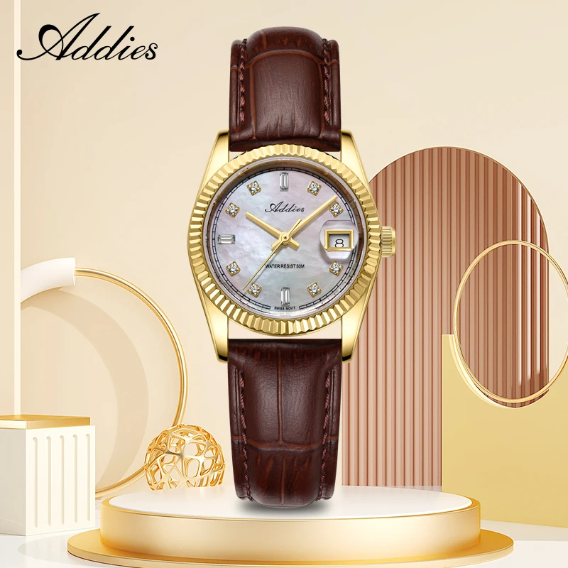 Addies Sapphire Glass Mother of Pearl Dial Wristwatch Elegant Czech rhinestones Women's Quartz Watch 316L Stainless Steel Watch