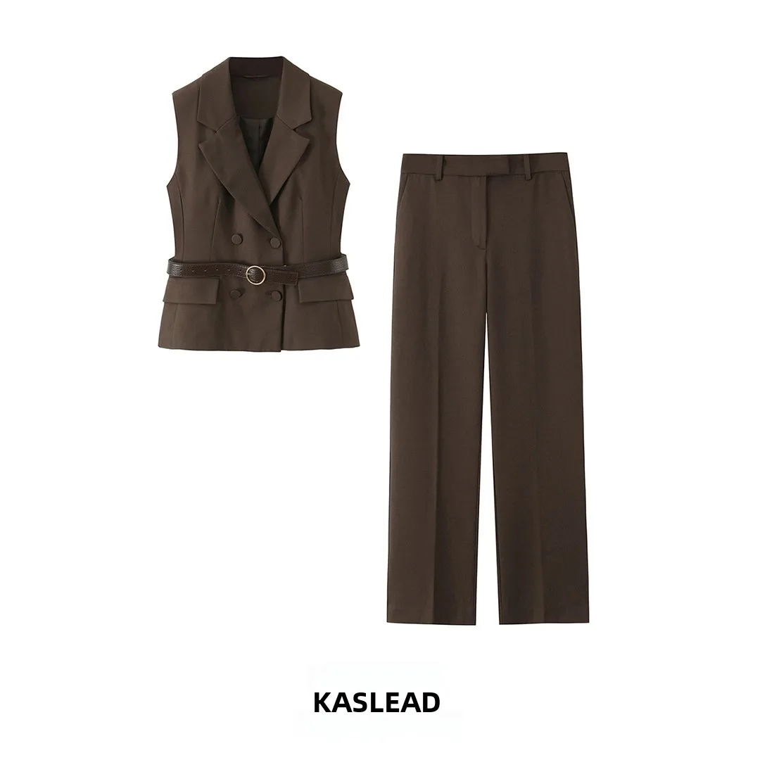 KASLEAD レディース ファッション ベルト付きベスト ストレートレッグパンツ ツーピースセット 2025年秋 欧風 スタイリッシュ ロングパンツ 大人向け