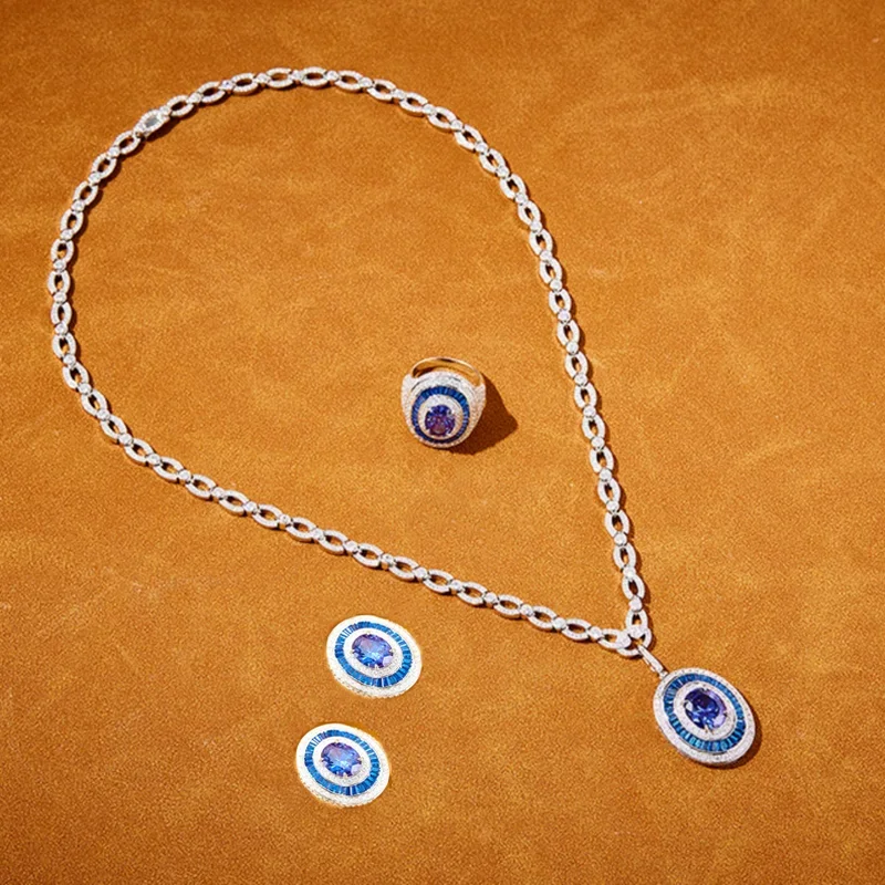 

Luxury Designer Royal Blue Tanzanite Oval Pendant Necklace Earrings Ring for Women Lady Dinner Party Fine High-end Jewelry Sets