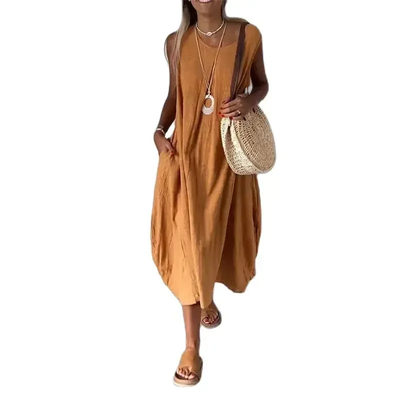 Solid Color Cotton Linen Side Pockets Dresses Women O Neck Pullover Dress Summer Korean Comfortable Casual Female Long Gown 2024