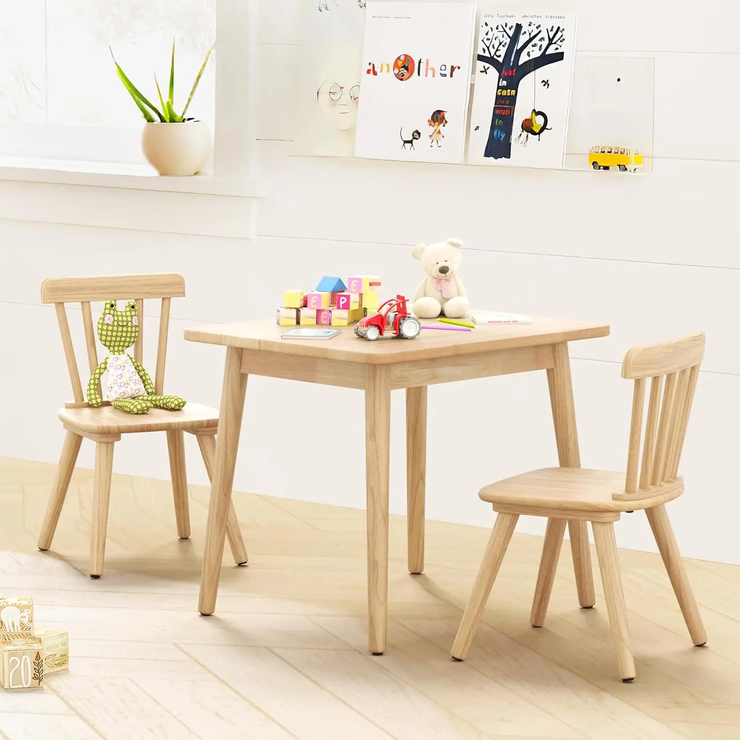 Conjunto de mesa infantil e 2 cadeiras, conjunto de mesa e cadeira de madeira de borracha para arte, brincar, artesanato, atividades, mesa infantil com N