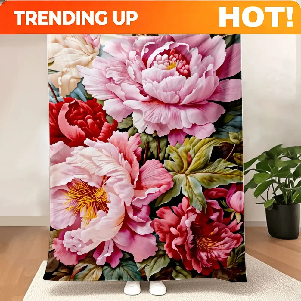Custom Peony Blush & Red Floral Throw Blanket - Soft, Lush Textured Design With Pink/Red Peonies, Golden-Yellow Stamens, Green L