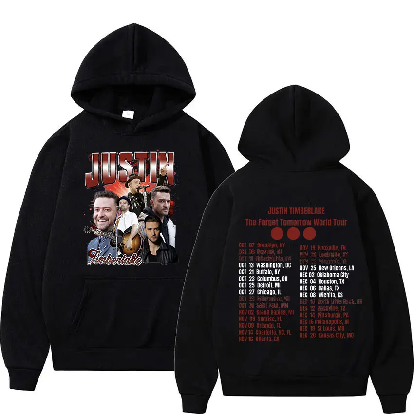 Singer Justin Timberlake Forget Tomorrow 2024 World Tour Hoodie Men's Hip Hop Retro Fashion Oversized Sweatshirt Y2k Streetwear