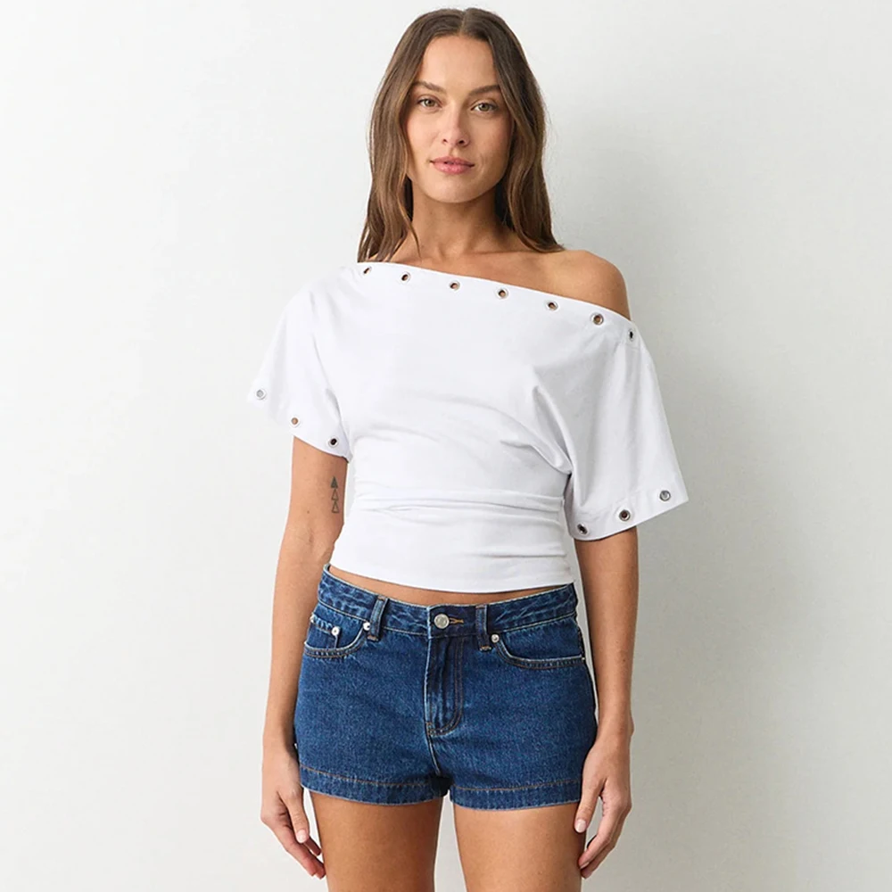 

Ticketsx 2026 Summer Off Shoulder Tops Solid Women's Hollow Out Patchwork Slim T-Shirts Elegant Female Streetwear Commuter Tops