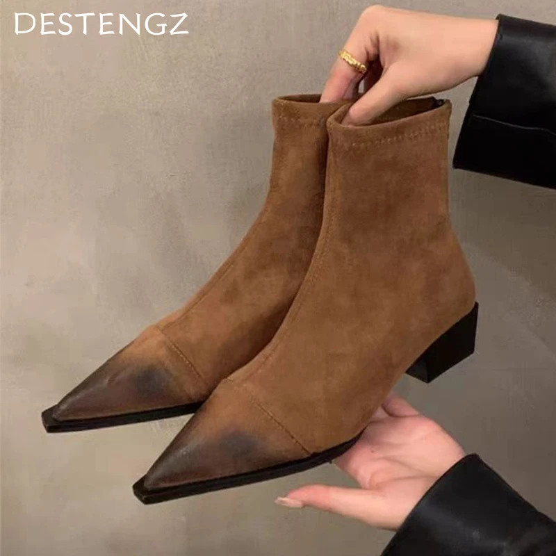 Suede Pointed Toe Women Ankle Boots Mid Heels Chunky Shoes Woman 2025 Trend Winter Fashion Designer Punk Chelsea Boots Female