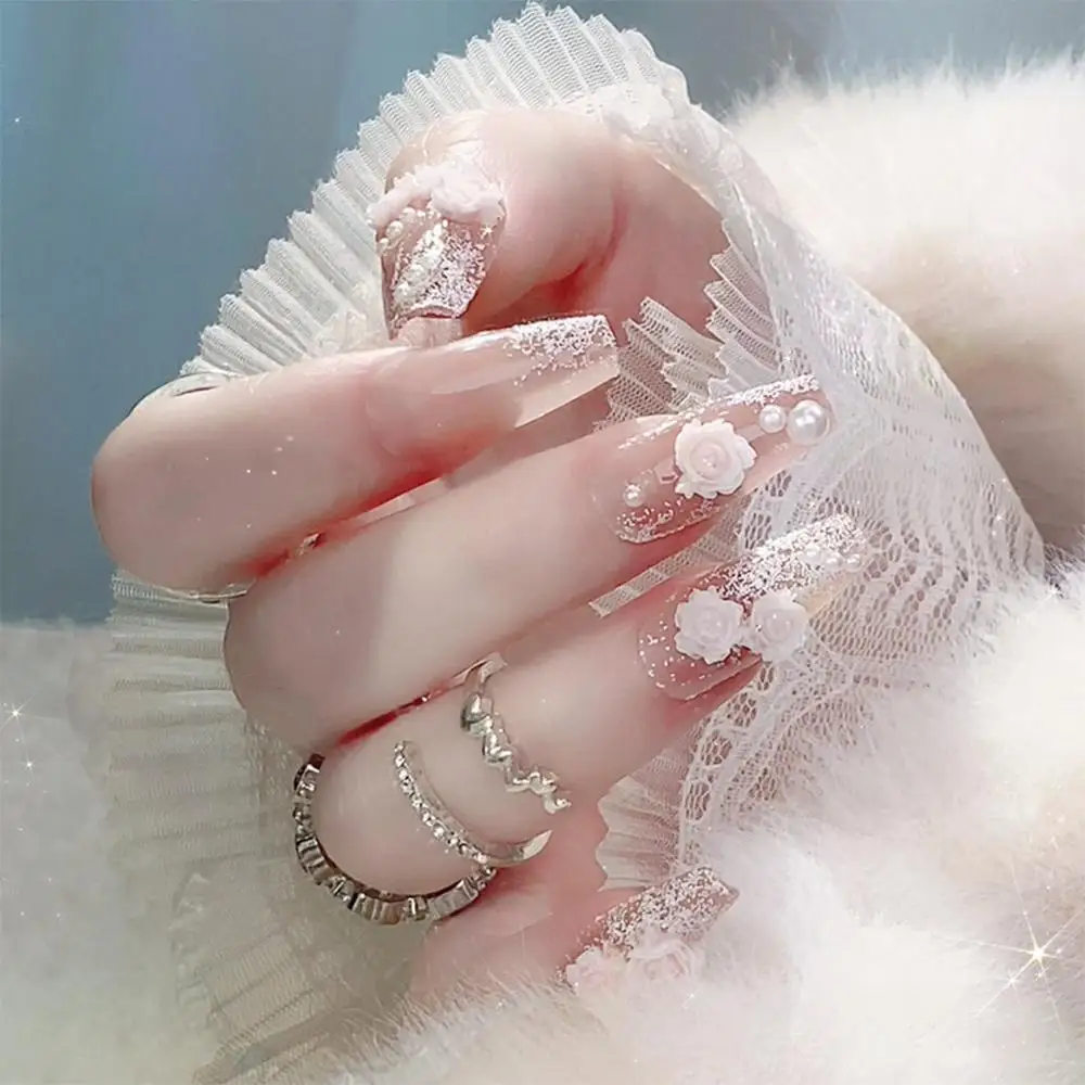 

24 шт., блестящие ногти с жемчугом и цветком, прозрачные ледяные ногти с желе, двусторонние клейкие носимые накладные ногти