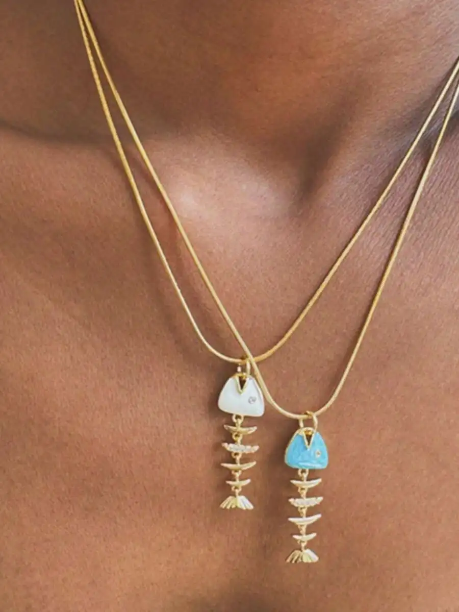 

Colorful Fish Bone Pendant Necklace Stainless Steel Handmade Multi-Layer Chain For Women