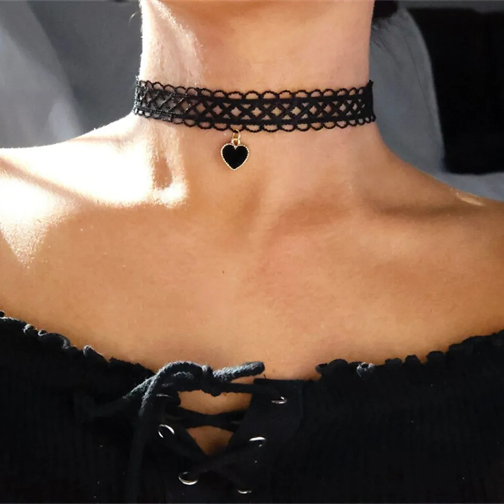 Vintage Fashion czarna koronka w kształcie serca sztuczna perła naszyjnik kobiece kobiety seksowny prosty Choker damska biżuteria imprezowa
