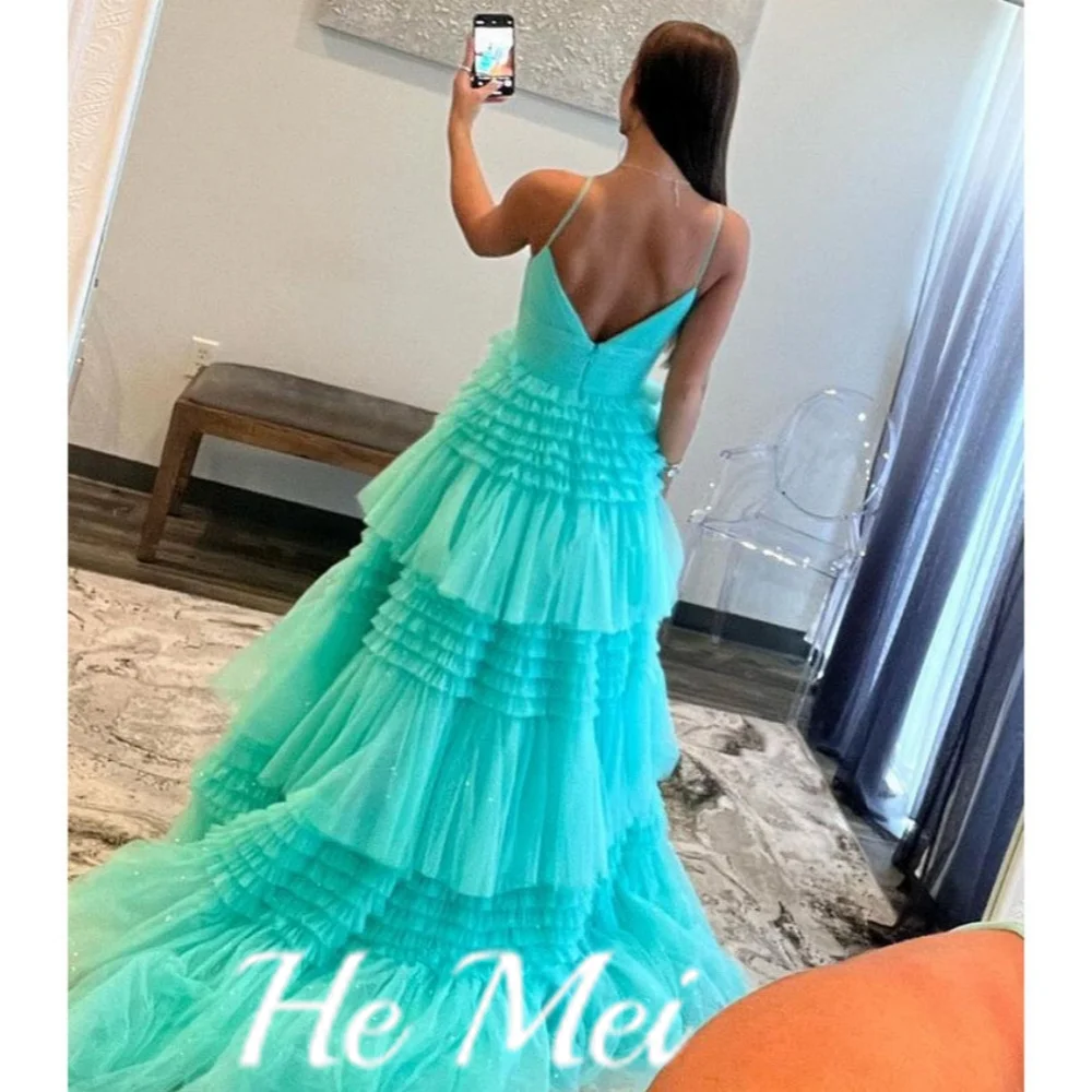 Prom Dress For Women Charming Spaghetti Straps Backless Floor Length Evening Gowns A Line Tiered V-Neck Formal Party Dresses