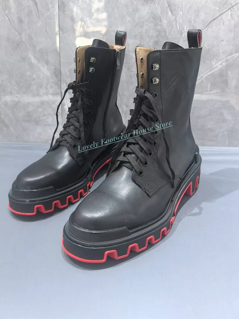 Fashion Man Lace Up Round Toe Boots Square Heel Gentleman Autumn Winter Anti-slip Side Zipper Black Party High Top Boots