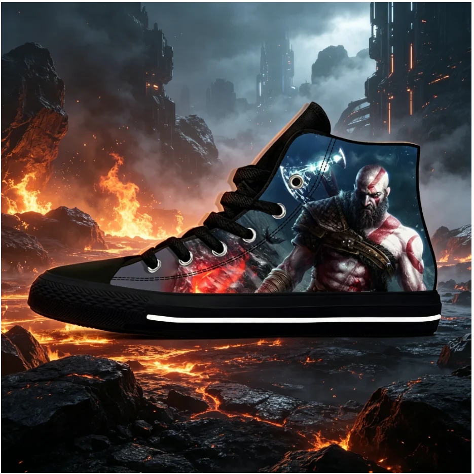 

God of War Game Theme High Top Sneakers Retro Warrior Graphic Soft Sole Wear Resistant Unisex Footwear