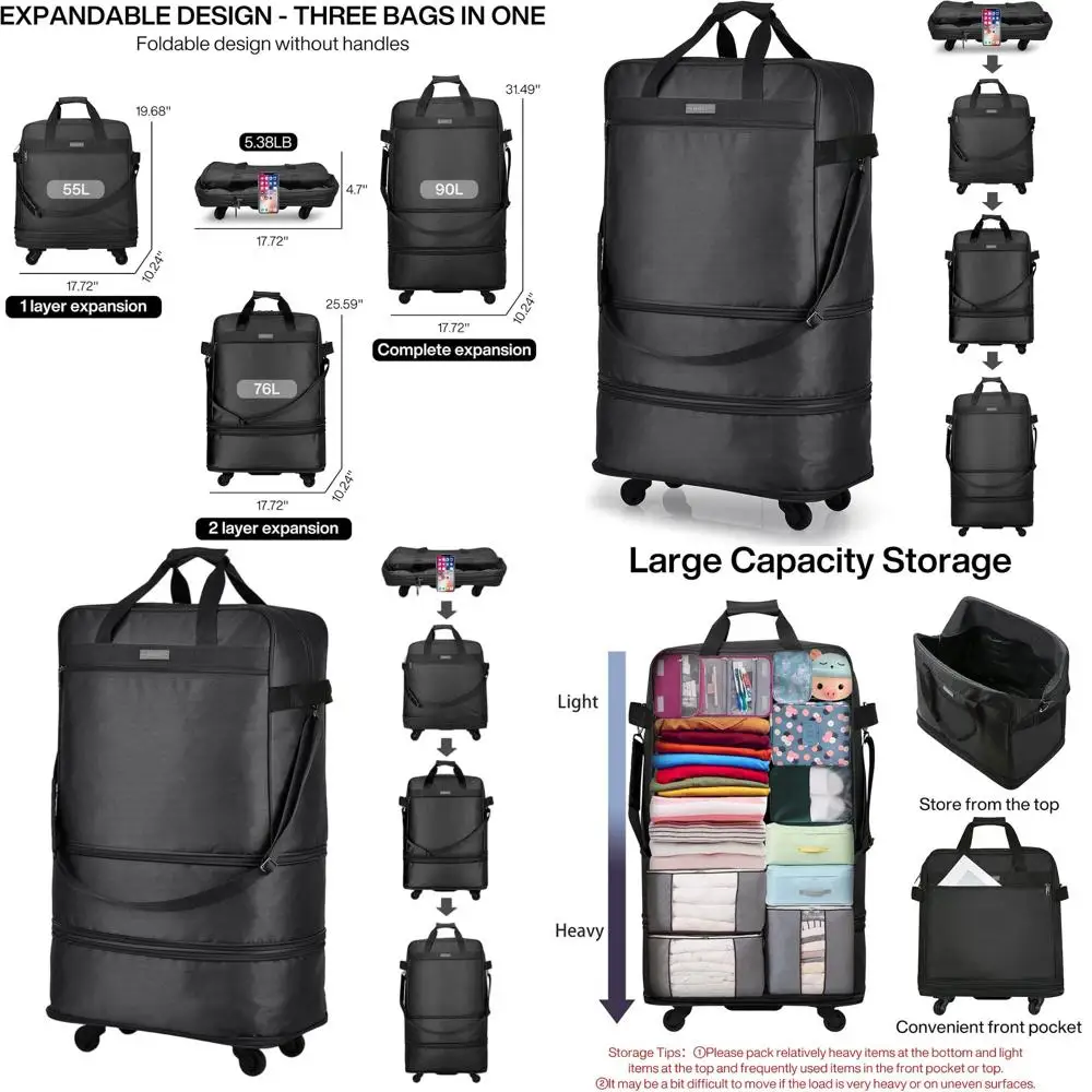 

Expandable Collapsible Rolling Duffel Bag - Lightweight Foldable Travel Suitcase for Men & Women, Black