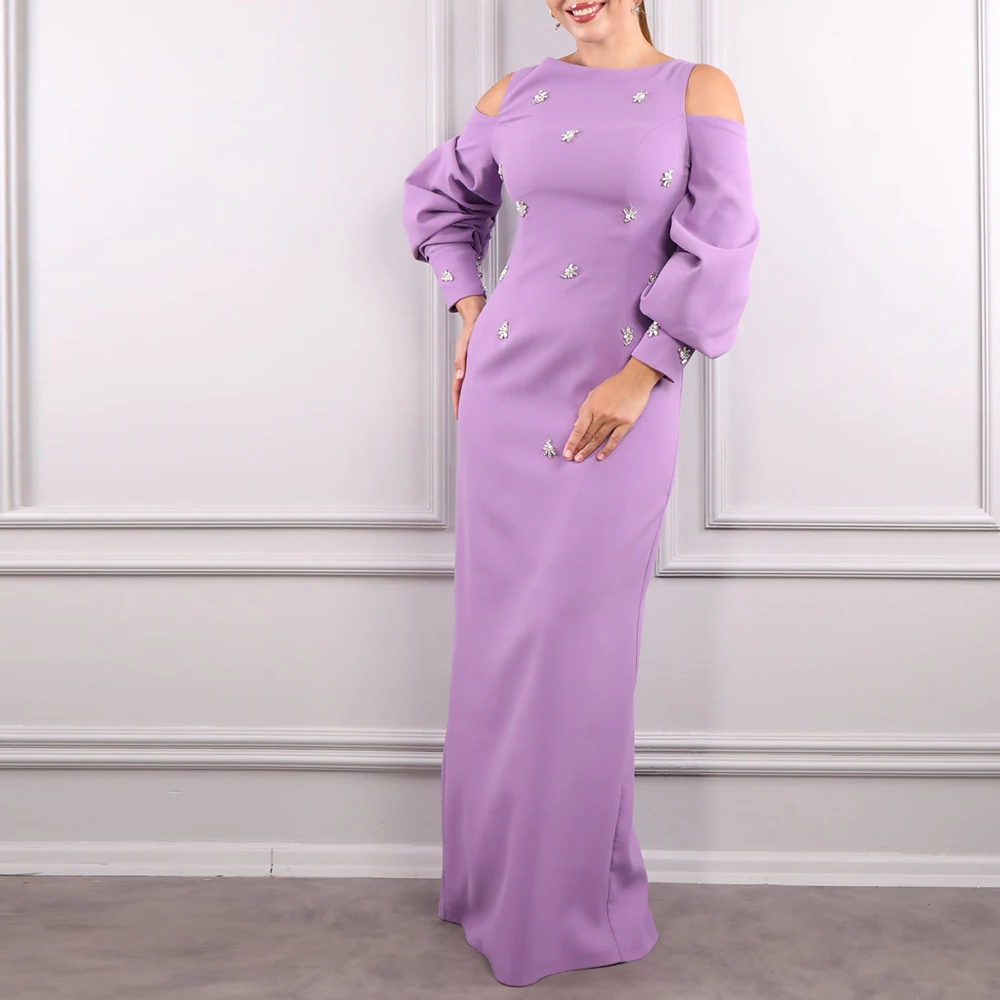 

Customized Formal Crystal Off the Shoulder Jersey Evening Dresses Graceful O-Neck Long Sleeves Straight Floor Length Party Dress