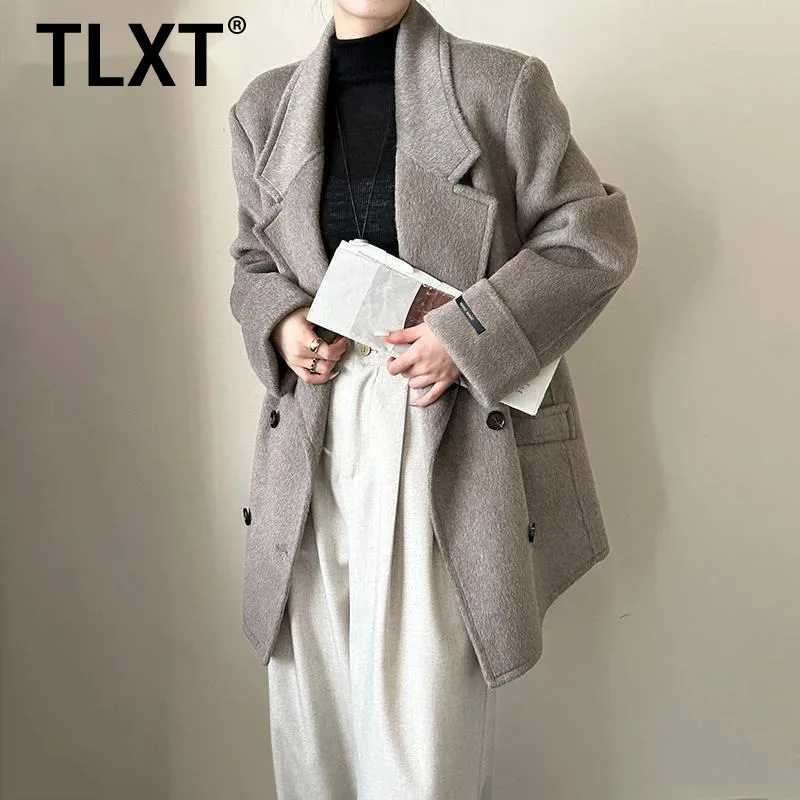 

TLXT Fashion Women's Trendy Double-faced Woolen Coat Suit Collar Rolled Sleeves Double-Breasted Tailored Woolen 2025 New Winter