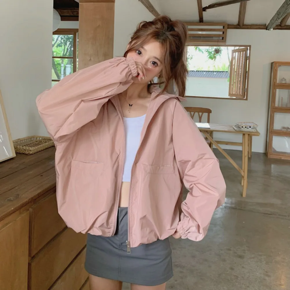 

Fashion Loose Sunscreen Coat Women Quick-Drying Windproof Sun-Protective Tops Solid Color Out Wear Hooded Jacket Female