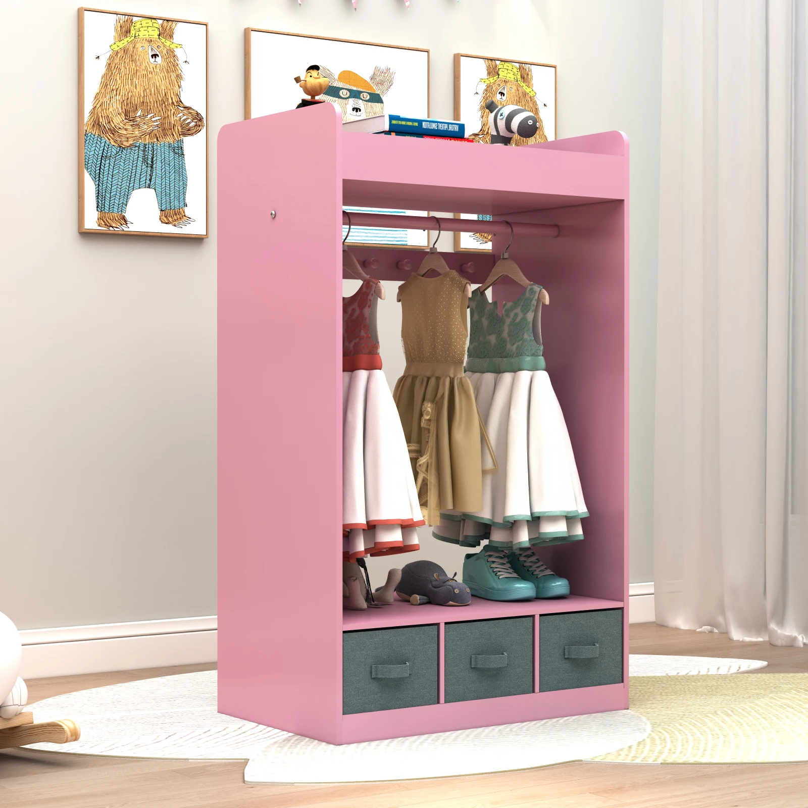 Organizzatore di costumi per bambini, Porta costumi, Armadio per bambini, Armadio sospeso aperto con specchio-ROSA