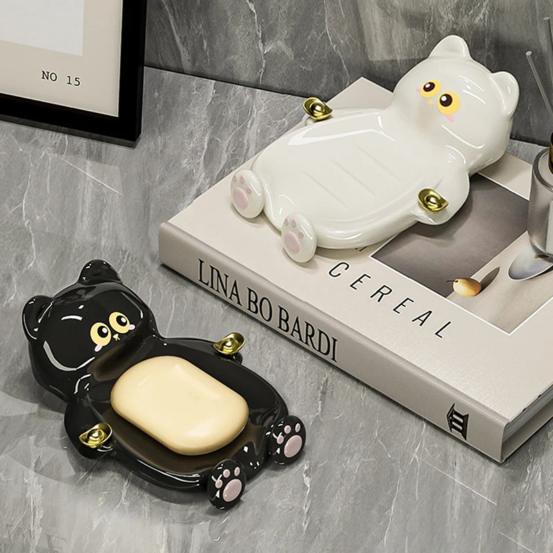 {MX} 幸運猫石鹸置き クリエイティブな水切り石鹸ホルダー 可愛い猫型石鹸皿 収納トレイ 浴室石鹸水切りオーガナイザー