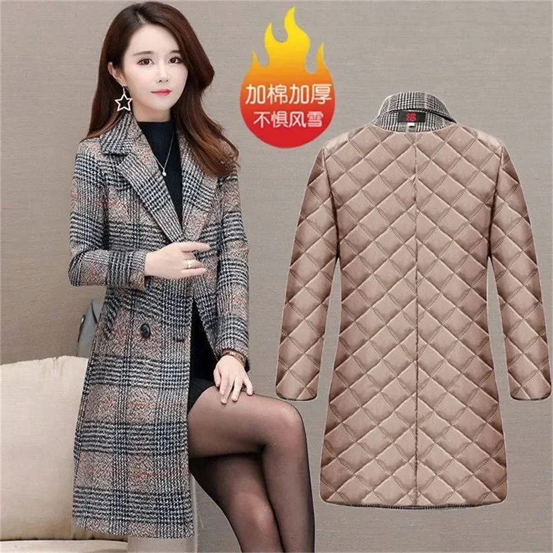 Velvet Woolen Coat Women\'s Mid-Lnng Slim-Fit Plaid Trench Coat Korean Version 2022 Autumn And Winter Fleece Plaid Woolen Jacket