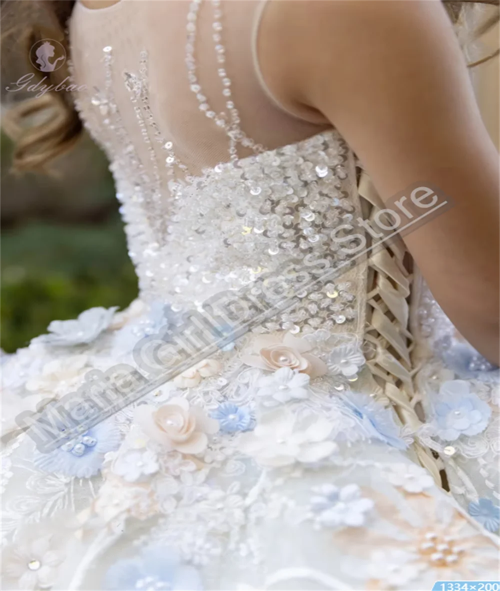 Vestido de lujo de flores para niña, vestido de fiesta esponjoso para desfile de niñas, cuello transparente con cordones en la espalda, eventos oficiales de boda