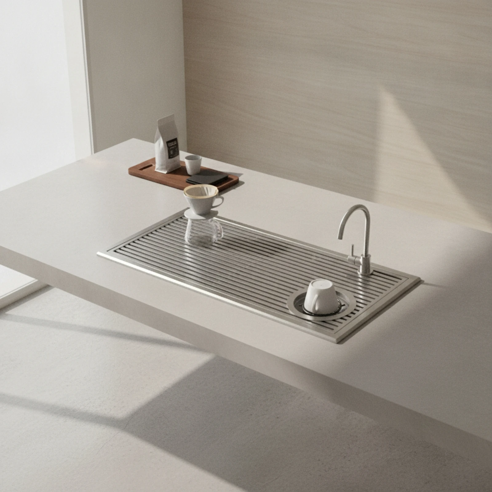 Built-in Draining Tray with Water Outlet Slatted Stainless Steel Tea Tray with Drain Tube Sleek-Profile for Home Baristas