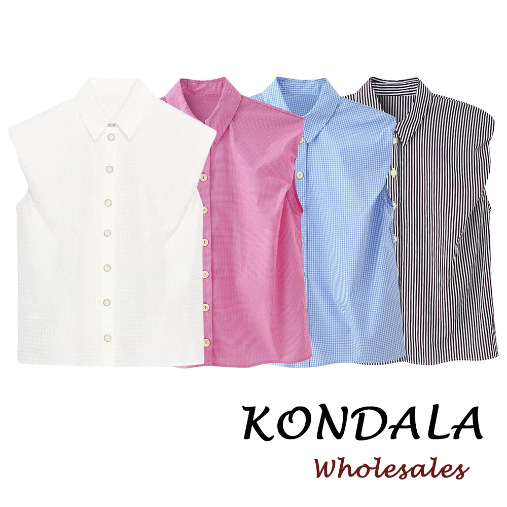 

KONDALA Chic Modern Elegant Striped Blouse Single Breasted Puff Sleeve Shirt Fashion 2026 Summer Loose Office Lady Female Shirts