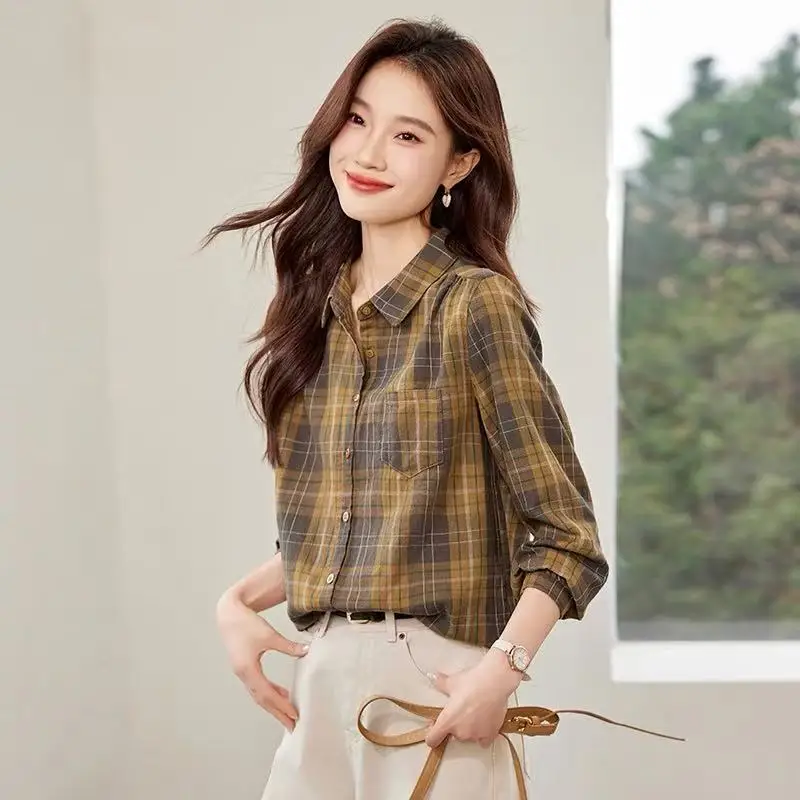 Trendy Red Plaid Long Sleeve Women's Shirt Loose Color Block Spring Autumn Cotton Polyester Commute Style Easy Care
