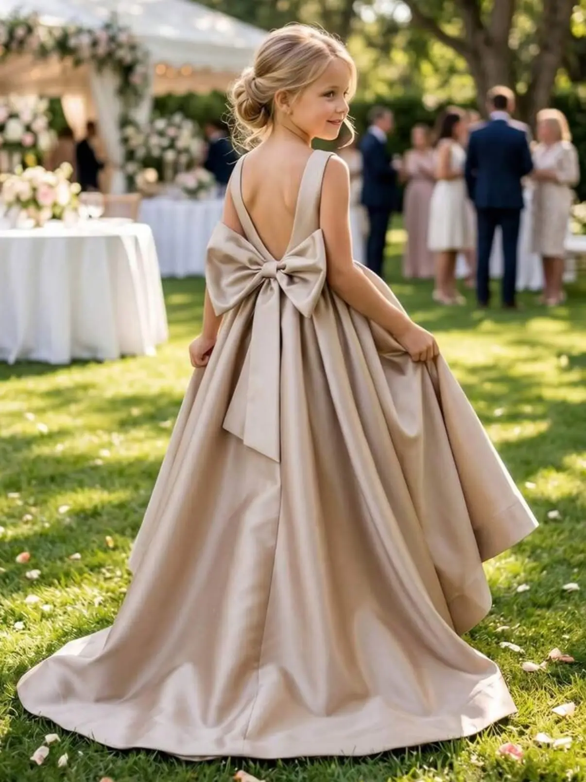 Vestido de Dama de Honor Personalizado, Vestido de Comunión de Satén Color Champán, Vestido Largo para Fiesta de Bodas, Vestidos de Dama de Honor Juveniles con Lazos hasta el Suelo