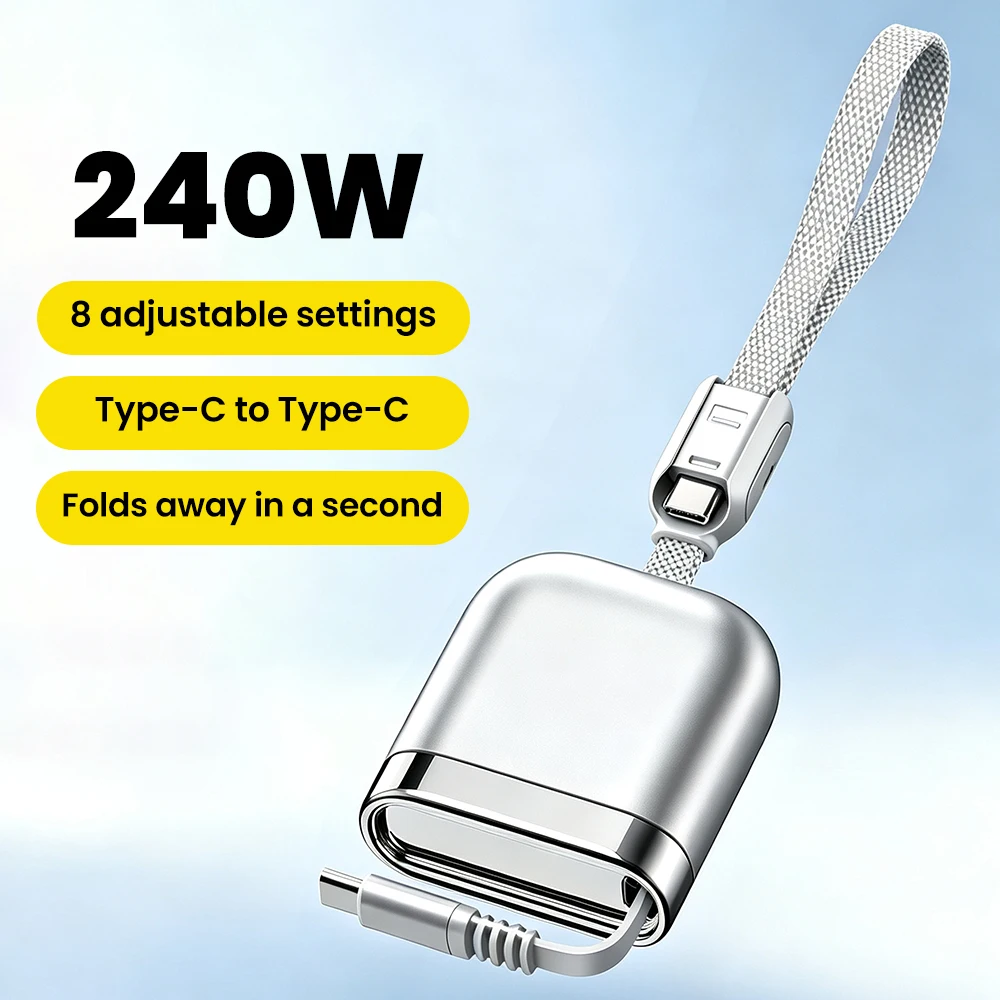 240W Adjustable Single Pull Super Fast Charging Cable Dual Type-C Car Mount with Compact Storage Strap for Phones