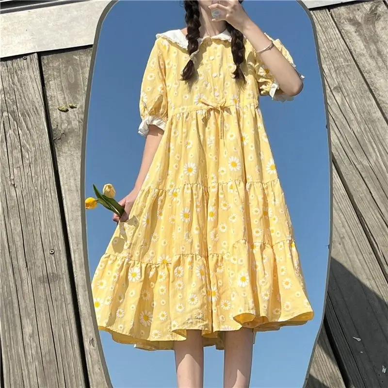 Gaganight Women Yellow Floral Printed Dress 2024 Summer New Loose Fitting Casual High Waisted College Style Puff Sleeves Dresses