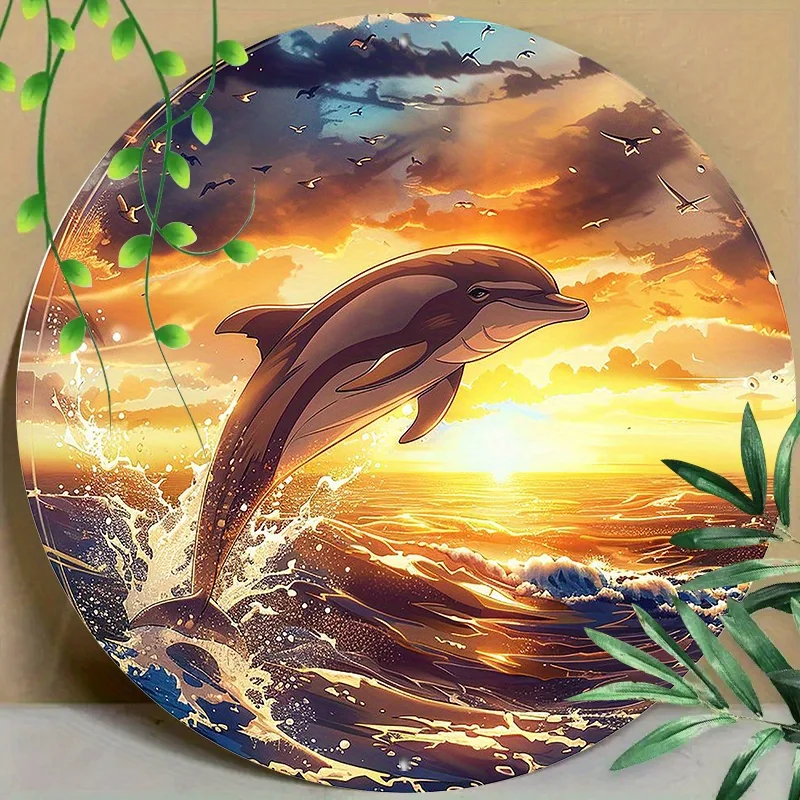 Round Metal Aluminum Sign, Dolphin Theme, Anime Aesthetics, Illusion, (For Home, Coffee Shop, Office, Wall Decoration Art