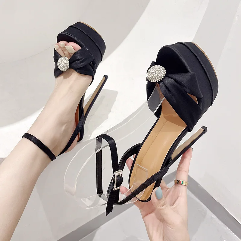 

Heels Fish Mouth High Heel Shoes Waterproof Platform Water Diamond Large Size One word Strap Summer Women's High Heel Sandals