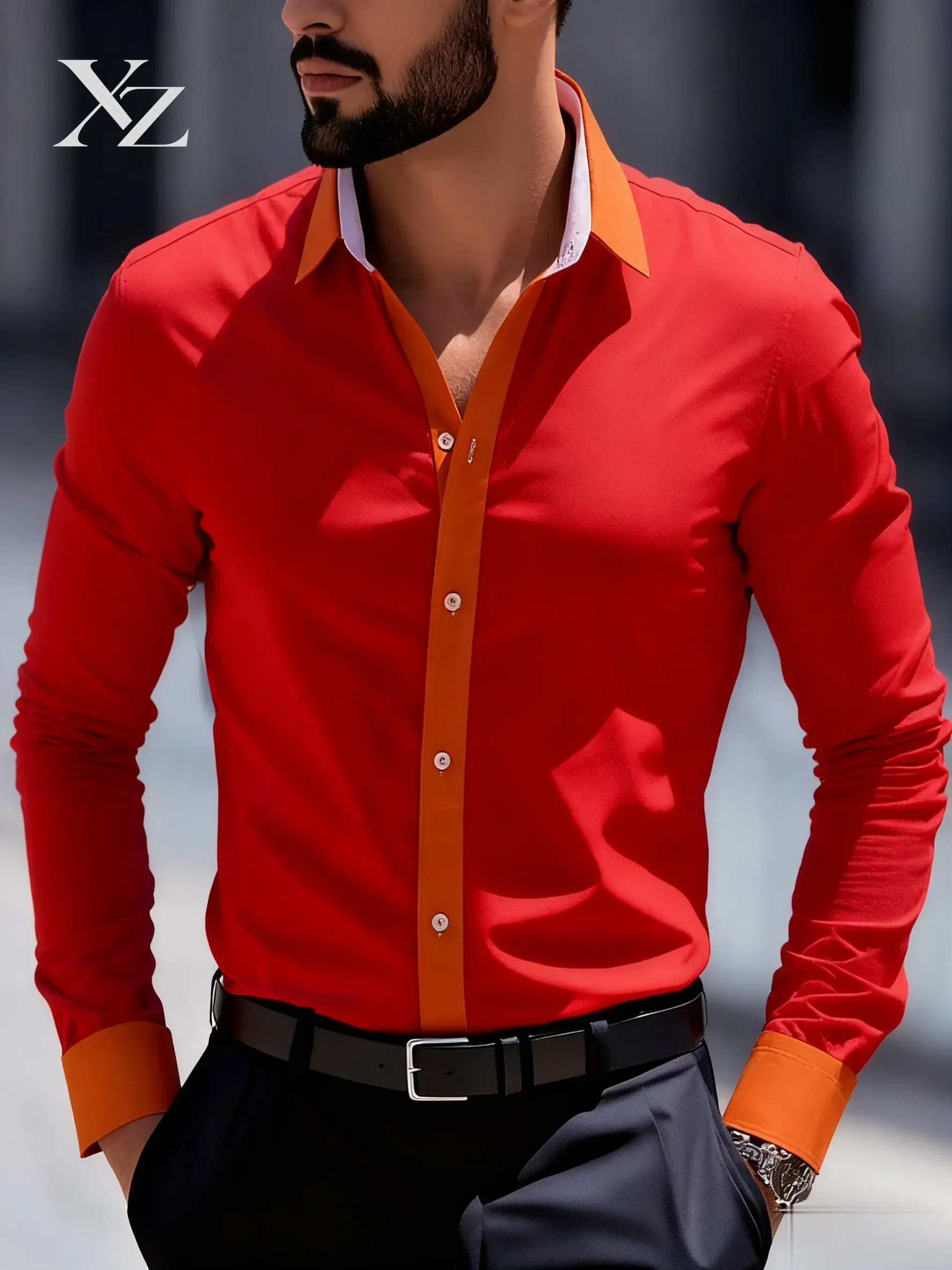 Men's Business Shirt: A fitted office shirt with a classic collar design, machine-washable polyester fabric. Fast shipping.