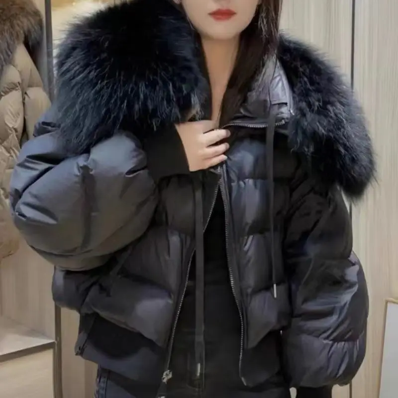

Thicken Fur Collar White Duck Down Jacket Solid Color Casual Zipper Down Jacket 2023 Winter Women Loose Office Lady Down Jacket