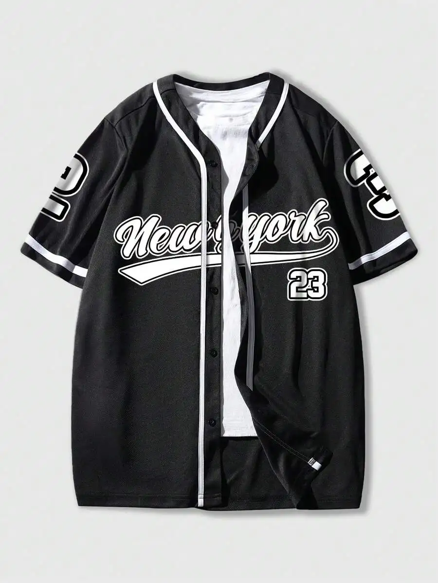 

Men's Black Casual Baseball-Style Short Sleeve Shirt with Script Print and Number Design
