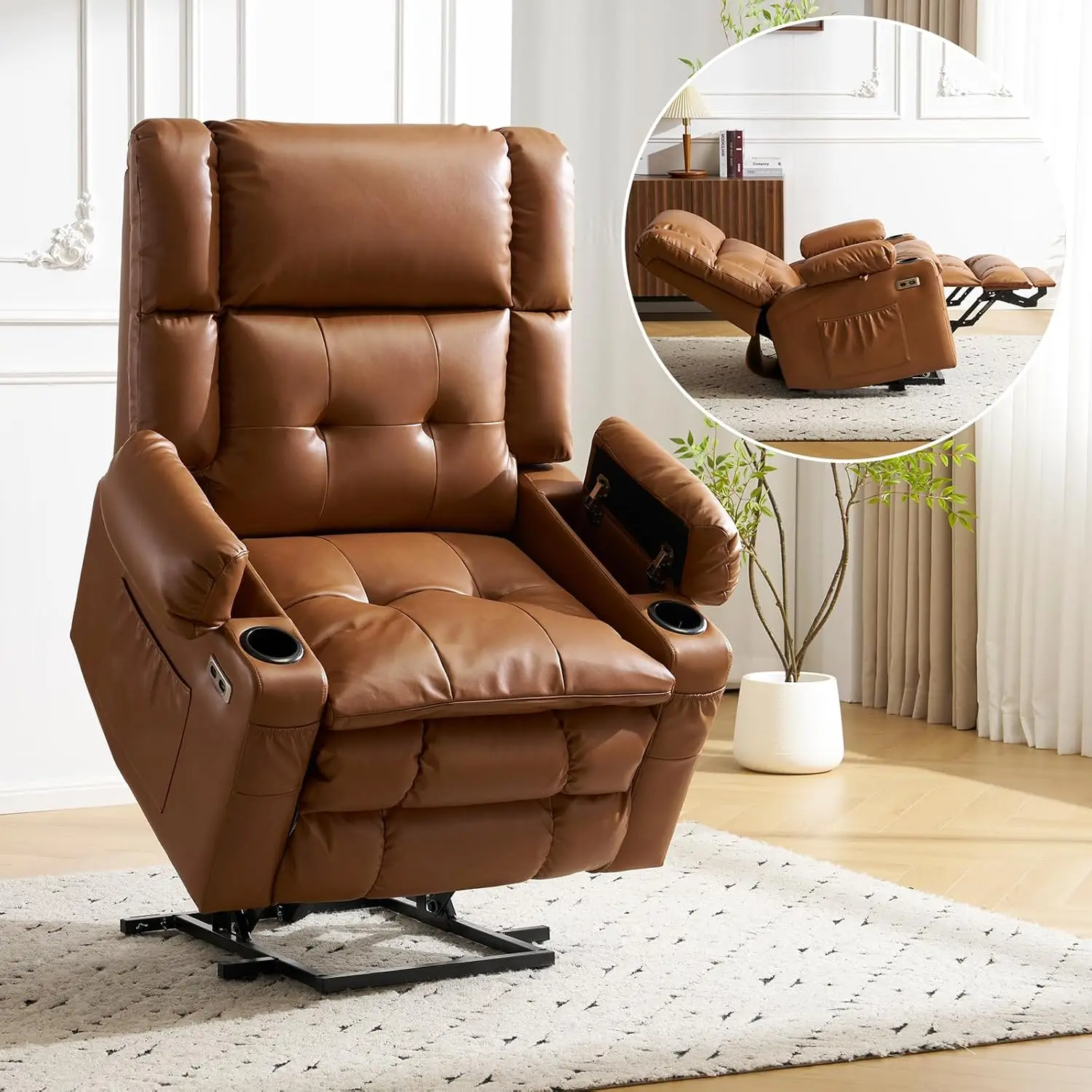 

Кресло-реклайнер с двумя моторами, подогревом и массажем, с отсеком для хранения, полностью раскладывающееся, с бесконечными положениями, для гостиной, увеличенного размера, цвета кэмел, на заказ