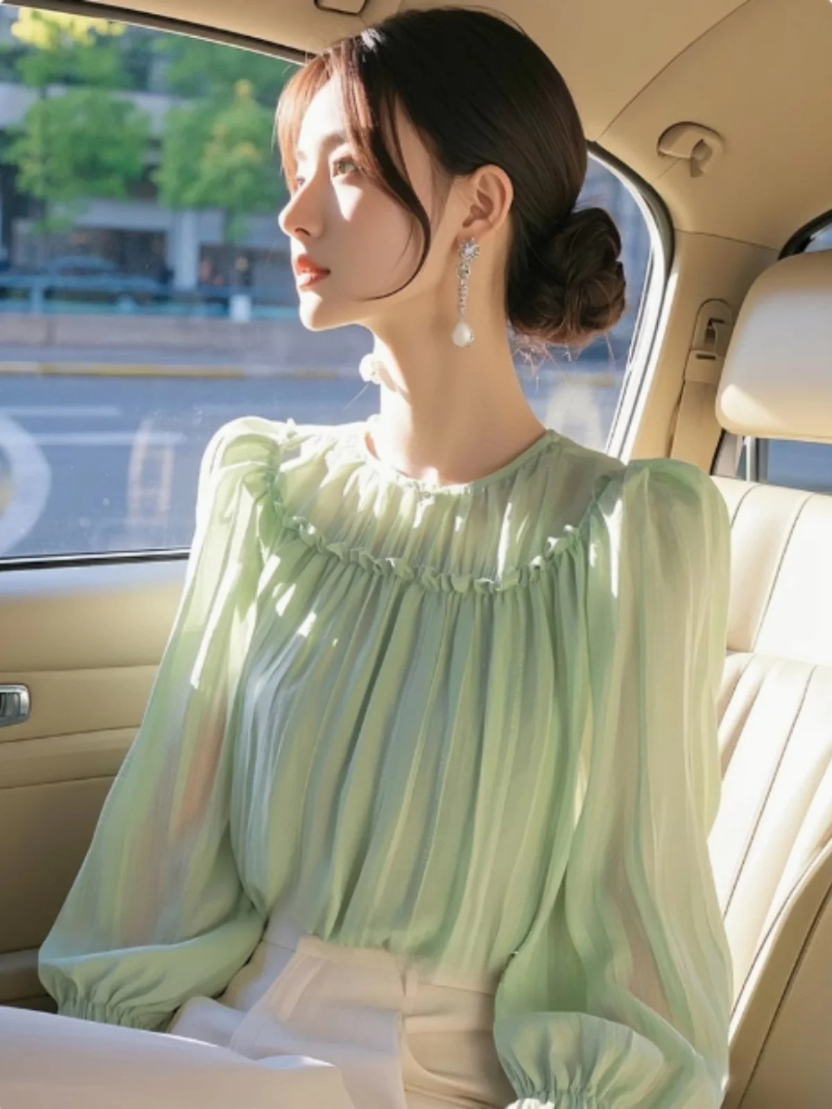 

Элегантная шифоновая блузка с длинным рукавом для женщин, уникальный топ для офиса, омолаживающий корейский стиль, специальная модель.