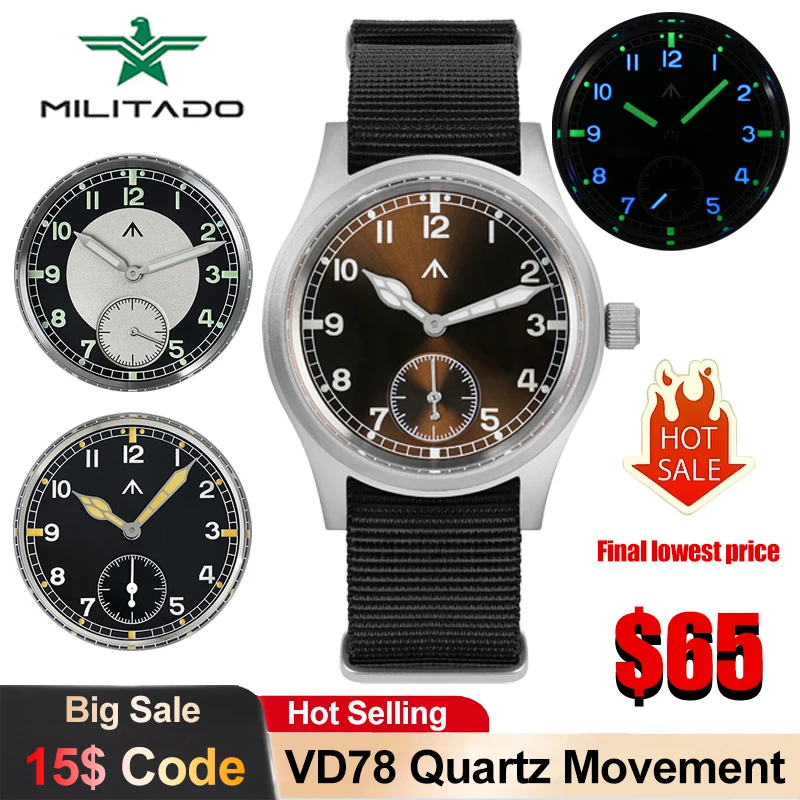 Militado D12 Quartz Watch Men's Small Seconds 36mm Vintage Watches 100m Waterproof Sapphire Crystal AR Coating Luminous Watch