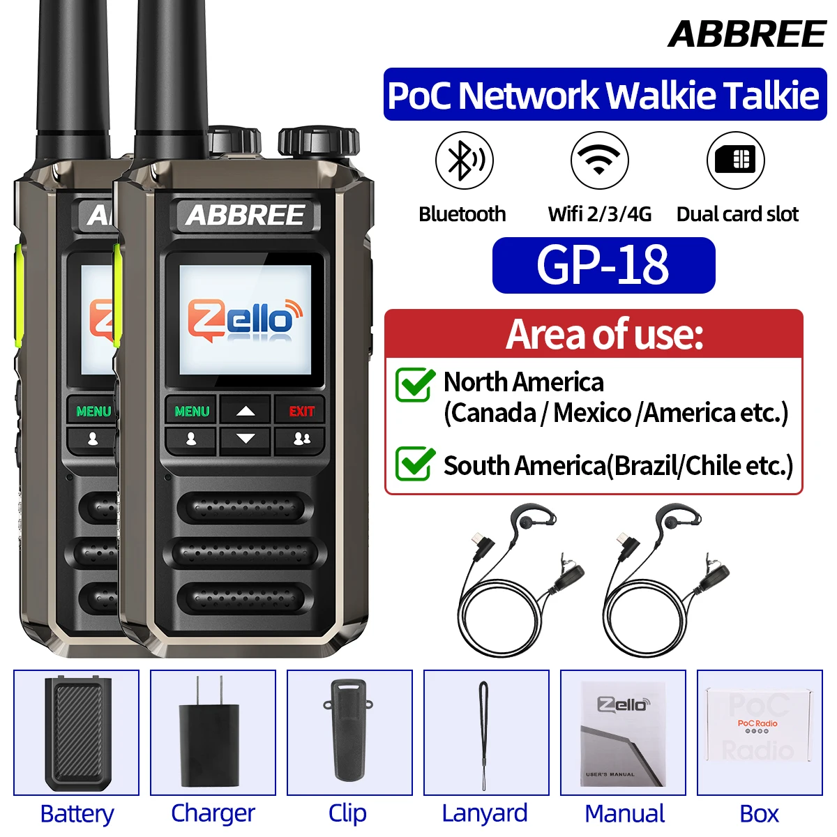 ABBREE GP-18 Zello PoC Radio Global Onbeperkt Afstand Dual Sim-kaartsleuven Android Bluetooth Zaklamp WIFI 3G /4G Netwerk Radio