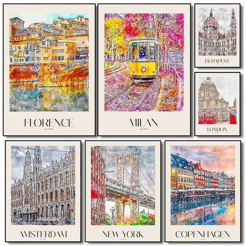 (No frame)Trendy European Travel Poster UK Italy French Travel Prints Canvas Painting Wall Art Pictures Home Living Room Mode