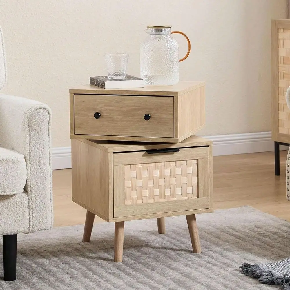

With Storage, 23 Side Table With Woven Doors, Bedside Table With 360 Rotating For Living Room, Bedroom, Oak