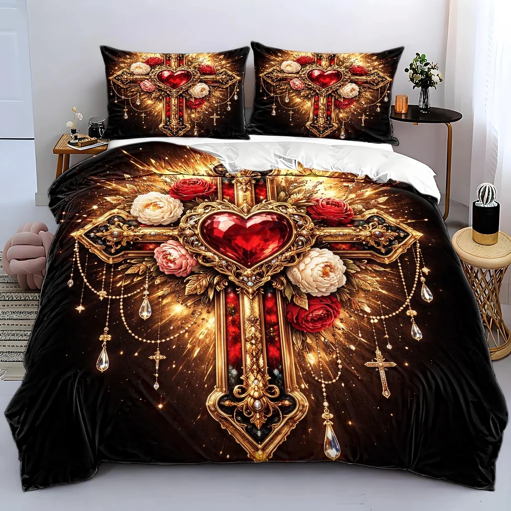 3Pc Luxurious Religious Cross Heart Floral Duvet Cover Set, Three-Piece Bedding Set (1*Duvet Cover + 2*Pillowcases), Suitable for All Seasons, Machine Washable, Vintage Palace Style with Gold Foil Shimmer, Includes Invisible Zipper Double Bed Cover, Suitable for Home, Dormitory, Master Bedroom, Guest Room, Exquisite Crystal Tassel Decor Bedding, European Style Luxurious Wedding Bedroom Duvet Cover Set, Large Size Thickened Skin-Friendly Bedding Set