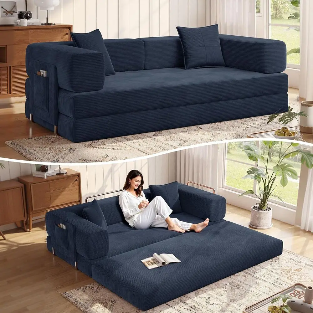 

Blue Corduroy Sleeper Sofa Bed with Armrest Pillow, Convertible and Ready to Use