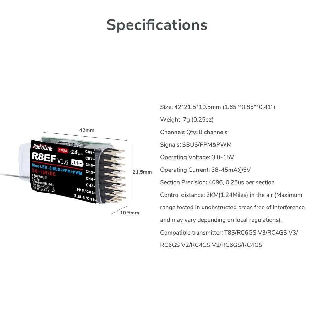 Radiolink R8EF receptor de 8 canales 2,4G soporte SBUS PPM PWM para 8CH T8FB T8S RC3S RC4G RC4GS RC6G transmisor RC coche barco avión