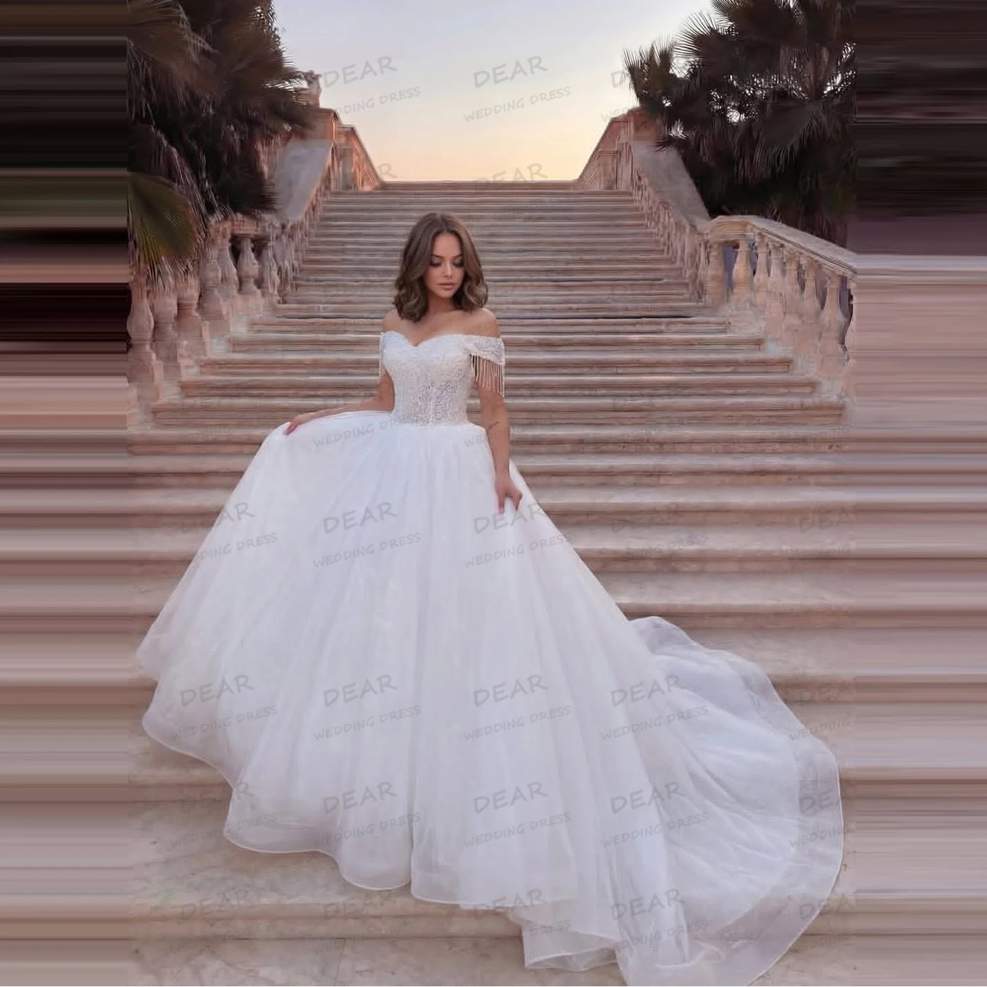 Elegant Lace Fluffy Wedding Dresses Tulle Customized Women's A Line Bride Gowns Sweep Train Formal Party Vestidos De Novia Gala